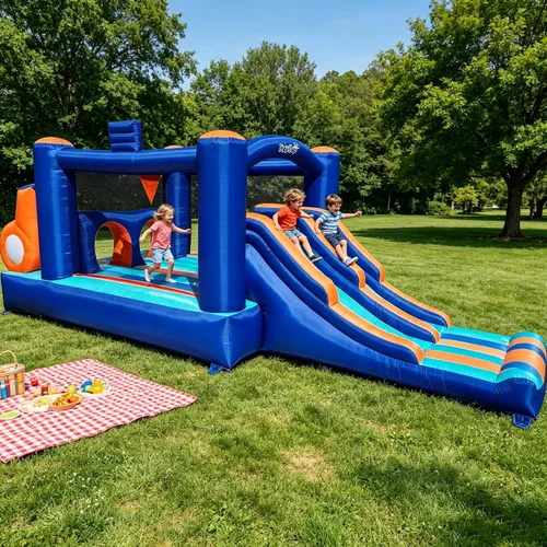 Vista 2 de Casa de Rebote Inflable con Pista de Obstáculos para Niños - 2 Toboganes de Carreras, Área de Salto, Túnel y Paredes de Escalada con Soplador