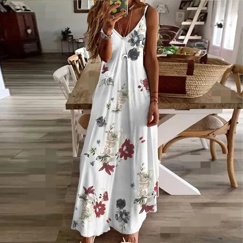 Vista 2 de Ceboyel Women Floral Spaghetti Strap Sundress Casual Summer Long Maxi Dress Vneck Sexy Boho Dresses Trendy Beach Clothes 2024