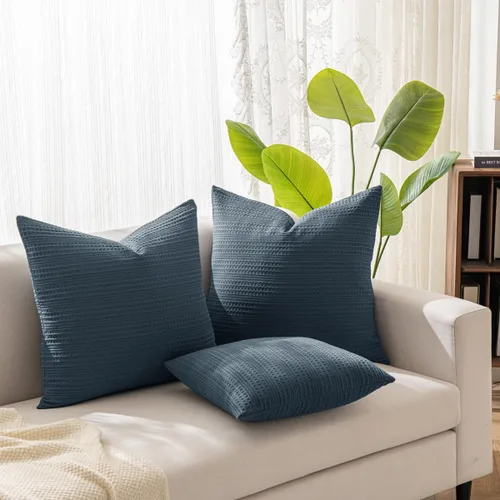 Vista 5 de Juego de 2 fundas de almohada decorativas de 18 x 18 pulgadas, fundas de almohada decorativas bohemias de algodón lavado a la piedra para sofá, Azul