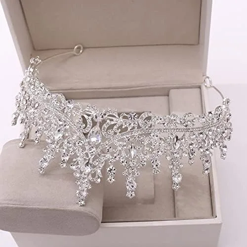 Vista 3 de YUANBOO Juego de joyas nupciales de gota de agua de color plateado de lujo, tiaras de diamantes de imitación, corona, collar, aretes, boda, Dubai