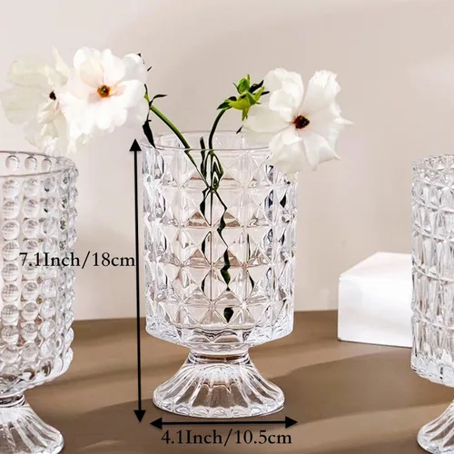 Vista 4 de BLOFLO - Jarrón de vidrio en relieve, jarrones de cristal de 7 pulgadas para flores, jarrón de ramo de cristal con base grande de pedestal, jarrón