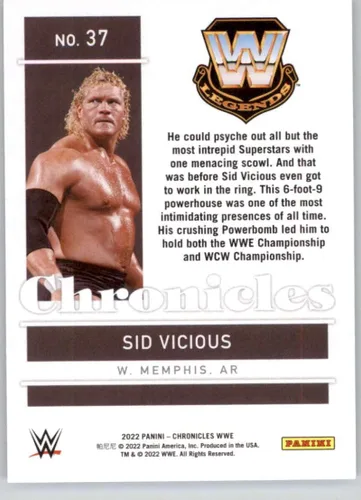 Vista 2 de Panini Chronicles #37 Sid Vicious Legend Chronicles - Tarjeta oficial de lucha libre de la WWE 2022 en estado Raw (NM o mejor)