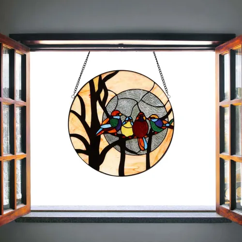 Vista 3 de Bieye W10045 Birds Sitting on The Bare Tree Branch Again Full Moon Tiffany Style Vidrieras Colgantes con cadena, forma redonda de 16 pulgadas