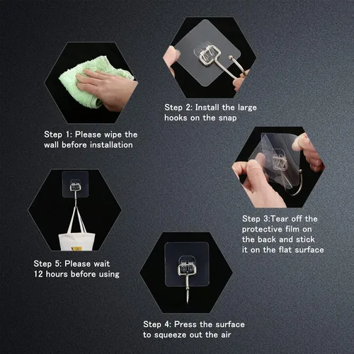 Vista 6 de Paquete de 10 ganchos de pared grandes para colgar resistentes de 33 libras (máximo), ganchos de pared adhesivos transparentes impermeables sin