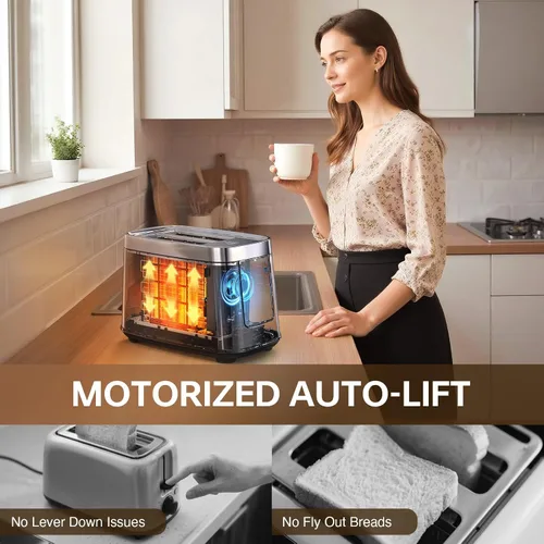 Vista 3 de Mecity Tostadora de 2 rebanadas con pantalla táctil y elevación automática, tostadora de acero inoxidable de tacto frío con 8 ajustes de pan, 5