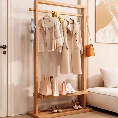 Vista 9 de Perchero de bambú para colgar ropa, perchero independiente con estantes dobles, organizador de ropa de pie para dormitorio o armario