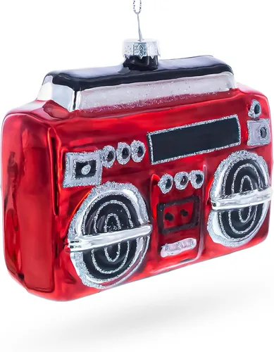 Vista 3 de Adorno navideño de cristal Boombox rojo retro Hand Painted, Ready to Hang, Gift Tagged
