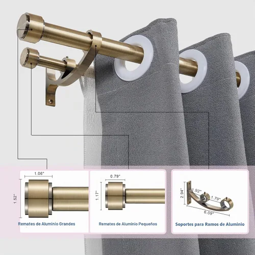 Vista 2 de Barras de cortina dobles con soportes de aluminio y remates, barras de cortina de bronce antiguo para ventanas de 36 a 72 pulgadas, 1 pulgada