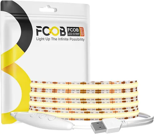 Vista 8 de Tira de luz LED USB de 6.56 pies, 5 voltios alimentada por USB, luces LED COB de 3000 K, blanco cálido de 0.315 in, tiras flexibles de alta densidad