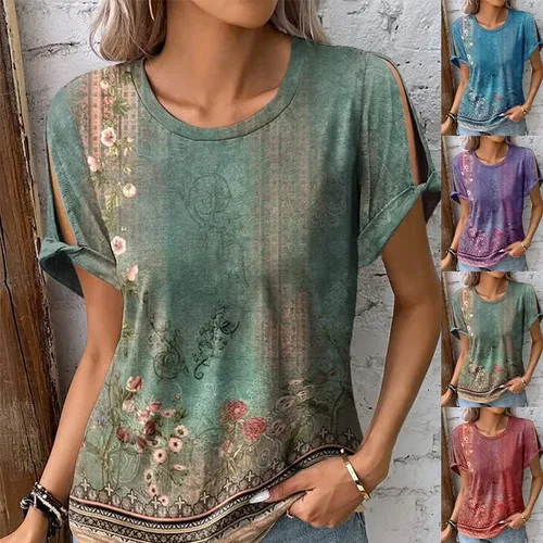 Vista 3 de Blusa bohemia floral de verano para mujer, elegante, étnica, casual, holgada, linda, de manga corta, hombros descubiertos, túnica