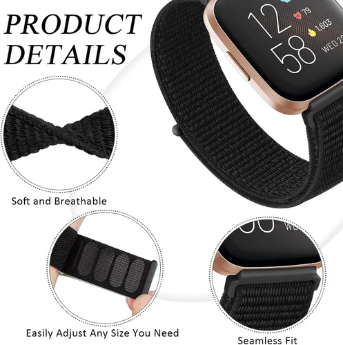 Vista 3 de Bandas de nailon para Fitbit Versa 2 - Pulseras deportivas de repuesto suaves y transpirables para mujeres y hombres Negro