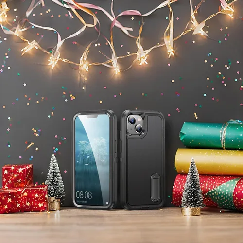 Vista 2 de IDweel Funda negra para iPhone 14, funda negra para iPhone 13 con soporte para hombre, protección resistente a prueba de golpes, antiarañazos Negro