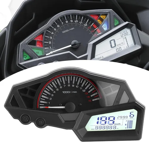 Vista 9 de Acouto Velocímetro de motocicleta para 300 6 engranajes LCD motocicleta odómetro tacómetro velocidad medidor de combustible 15000RPM 0.0-123.7 mi/h