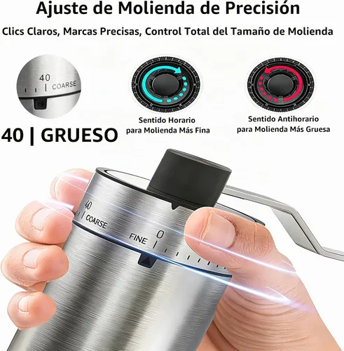 Vista 2 de Molinillo manual de granos de café, 40 ajustes externos ajustables, manivela manual, cuerpo de acero inoxidable, rebaba cónica de cerámica