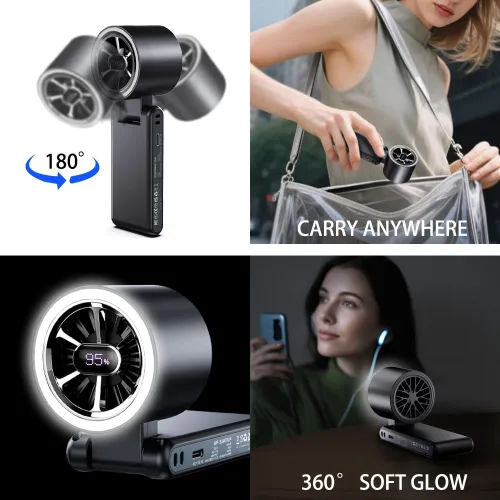 Vista 2 de CAZOKASI Ventilador de mano recargable de viento fuerte con iluminación ambiental 4 IN1 5000mAh hasta 22H para cuello de clip de cintura