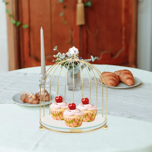 Vista 5 de BESTonZON Jaula de pájaros de metal dorado, soporte para cupcakes, postres para bodas, fiestas, cumpleaños, celebraciones de ducha, decoración
