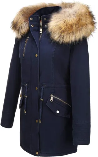 Vista 3 de Bellivera Chaqueta tipo parka de sarga para mujer, abrigo largo cálido con capucha y cuello de piel sintética