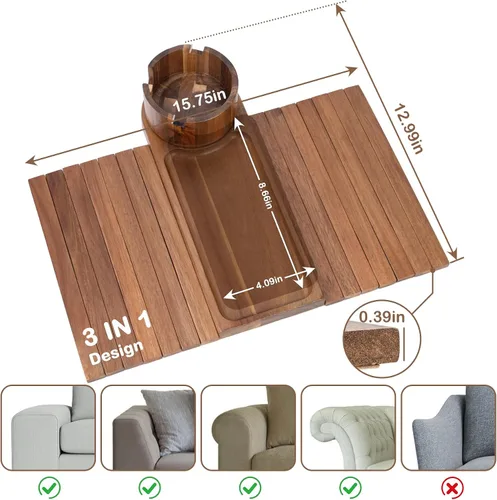 Vista 2 de Soporte de taza para sofá para reposabrazos de más de 4.9 pulgadas de ancho, bandeja de brazo de sofá de madera de acacia con soporte de taza