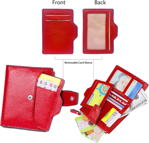 Vista 3 de AINIMOER - Cartera de piel con bloqueo RFID para mujer, tamaño pequeño, compacta, doble zíper, con ventana para identificación