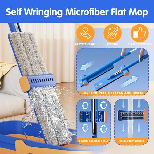 Vista 2 de Juego de trapeador plano autoescurrido de 16.5 pulgadas y cubeta plegable – Trapeador de microfibra húmedo y seco manos libres con escobilla