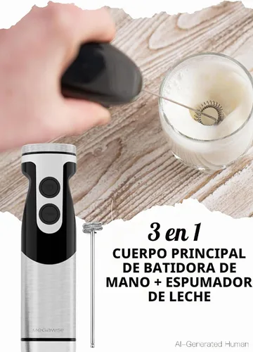 Vista 8 de Megawise Batidora de Mano de Alta Potencia – 400W de Potencia Máxima con Accesorios Versátiles 3 en 1 (Eje Mezclador, Batidor, Picadora); Diseño