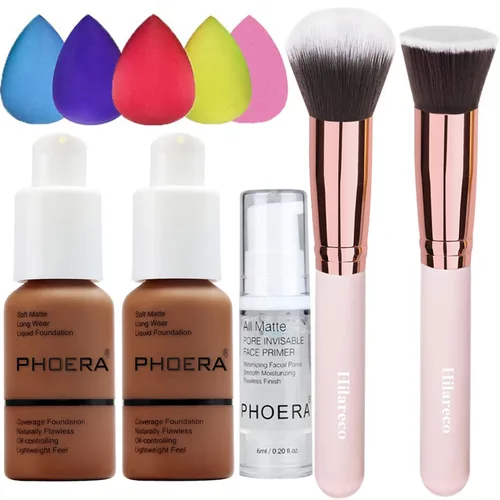 Vista 11 de PHOERA - Base de maquillaje mate de cobertura completa, brochas de maquillaje Kabuki (101 porcelana + 102 desnudos)