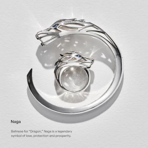 Vista 3 de Anillo de plata Naga Legends para mujer en acabado cepillado con espinela negra y ojos de zafiro azul
