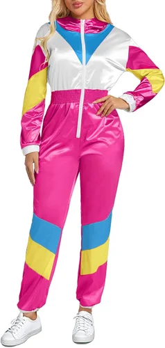 Vista 9 de Yisfri Traje retro de una pieza con bloques de color para mujer, traje retro de los años 80 con cintura elástica con capucha