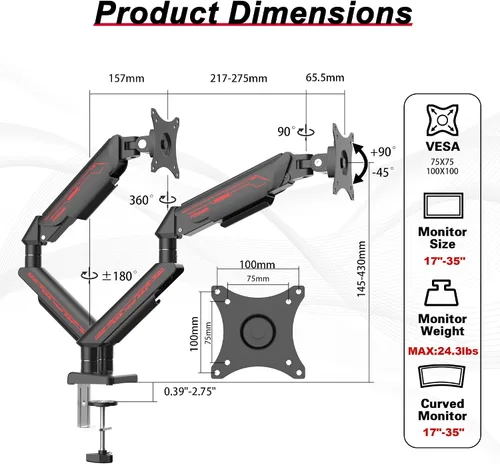Vista 7 de Fydeamer Brazo de monitor dual para pantallas de 17 a 35 pulgadas de hasta 24.2 libras, soporte ergonómico de monitor de resorte de gas con ajuste