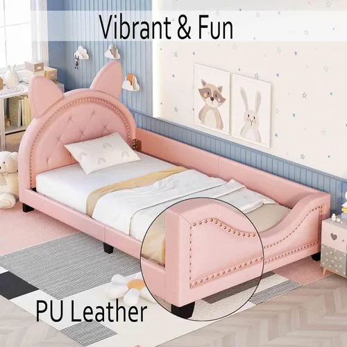 Vista 4 de Sofá cama con cabecero, cámaras en forma de conejo, base de cama de madera con plataforma individual para niñas y niños, bonito sofá cama tapizado
