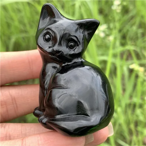 Vista 2 de Figura de gato de obsidiana negra de 2.2 pulgadas, diseño de gato negro, decoración del hogar, piedra natural, estatua de animal, cristales