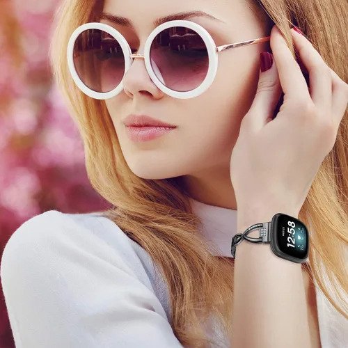 Vista 5 de Wearlizer Correa de metal compatible con Fitbit Versa 4/Versa 3/Sense/Sense 2 bandas para mujer, elegante pulsera de acero inoxidable con diamantes