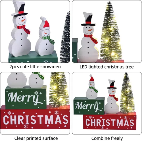 Vista 10 de Decoración de Navidad Feliz para interiores, letrero de mesa de muñeco de nieve de madera de Navidad, decoración de árbol de Navidad iluminada