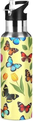 Vista 8 de Stainless Steel Vacuum Insulated Water Bottle 32 Oz, Leakproof Water Bottles for Gym Outdoor Travel School, Colorful Butterflies Tulips Yellow