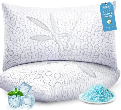Vista 9 de Yettbea Juego de 2 almohadas ajustables de espuma viscoelástica trituradas tamaño Queen, almohada refrescante de bambú de lujo con funda lavable