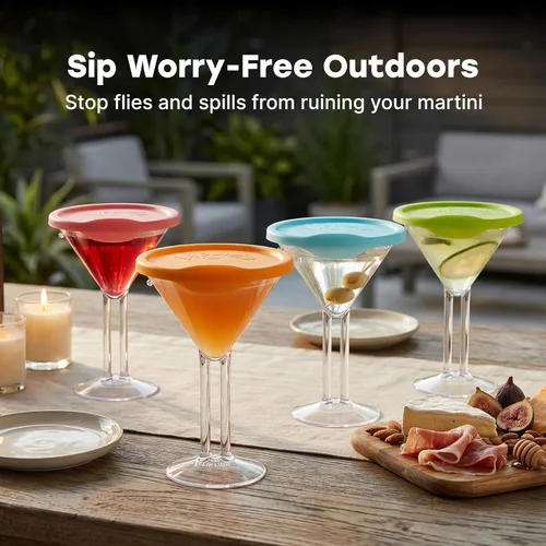 Vista 7 de LipLidz - Vasos de Martini reutilizables, paquete de 4, vasos de plástico sin BPA de doble tallo de 10 onzas con tapa, hechas en Estados Unidos