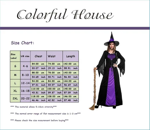 Vista 3 de Colorful House Disfraz de bruja malvada para mujer, vestido clásico de hechicera largo morado