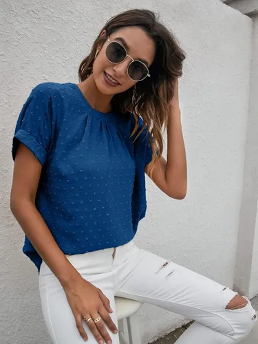 Vista 4 de Romwe Blusa casual de trabajo con cuello redondo y manga corta plisada para mujer
