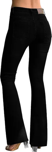 Vista 2 de roswear Pantalones de mezclilla elásticos de moda para mujer, tiro medio, corte de bota, con curvas