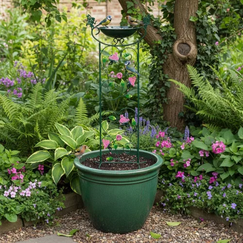 Vista 4 de HONGLAND Baño de metal para pájaros de 36.5 pulgadas con enrejado, baño para pájaros de jardín al aire libre con cuenco desmontable y soporte