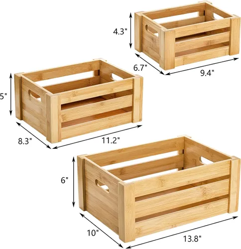 Vista 2 de Lawei Juego de 3 cajas de bambú con asas, caja de almacenamiento decorativa rústica, caja de almacenamiento para exhibición, cestas de bambú