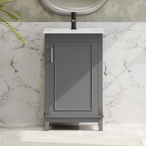 Vista 14 de LUMISOL Tocador de baño pequeño de 18.6 pulgadas con fregadero de cerámica, tocador estrecho con soporte para papel higiénico y puerta de cierre Gris