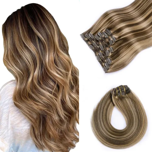 Vista 54 de VINBAO Extensiones de cabello humano con clip, balayage, color marrón ceniza a rubio caramelo, 14 pulgadas, 6 unidades, 3.53 onzas, 6