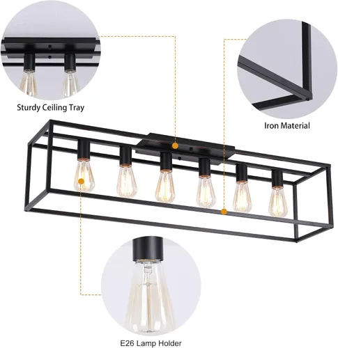Vista 8 de Garwarm Lámpara de techo rectangular de montaje empotrado de 6 luces, lámpara de araña negra enjaulada de metal de 38 pulgadas, lámpara de techo
