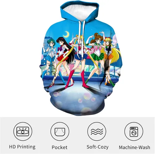 Vista 3 de Faiwvhe Unisex Sailor Girl Hoodie Anime Girl Cartoon Print Hooded Sweatshirt