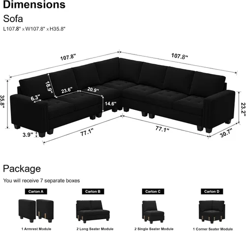 Vista 2 de Belffin Sofá modular de terciopelo en forma de L, sofá seccional convertible de gran tamaño con diván reversible para sala de estar, color negro