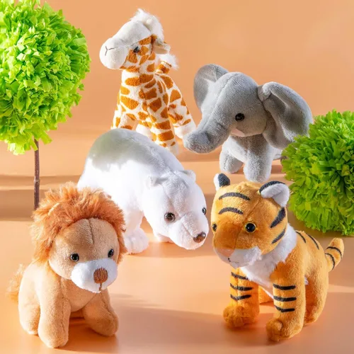 Vista 6 de PREXTEX Safari Friends - Juego de regalo de animales de peluche, 5 animales de zoológico pequeños (jirafa, tigre, león, oso polar, elefante)