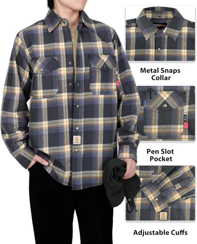 Vista 4 de BOCOMAL Camisas con capucha FR, camisas de franela a cuadros, con botones, resistentes al fuego, camisas de franela resistentes a la llama, chaqueta