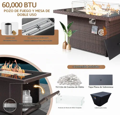 Vista 4 de NICESOUL Mesa de Hoguera de Mimbre para Exteriores de Gas Natural/Propano, Mesa de Hoguera Rectangular de 43'' para Exteriores, Mesas de Chimenea