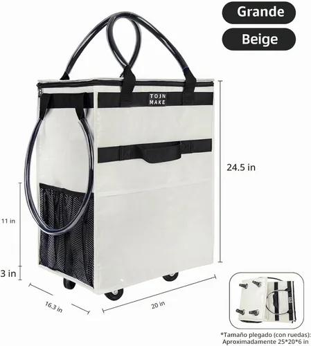 Vista 2 de Bolsa de comestibles reutilizable sobre ruedas, carrito de compras con 8 bolsillos y cubierta con cremallera, bolsa plegable con ruedas, asas